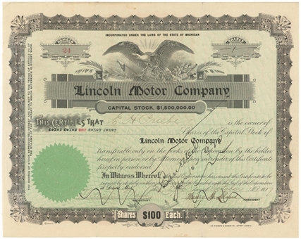 Early Lincoln Motor Company Stock Certificate